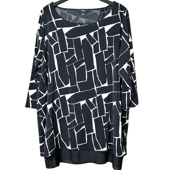 Alfani Tops - Geometric Sheer Layered Blouse Womens 2X Tunic Top Asymmetrical Black 3/4 Sleeve